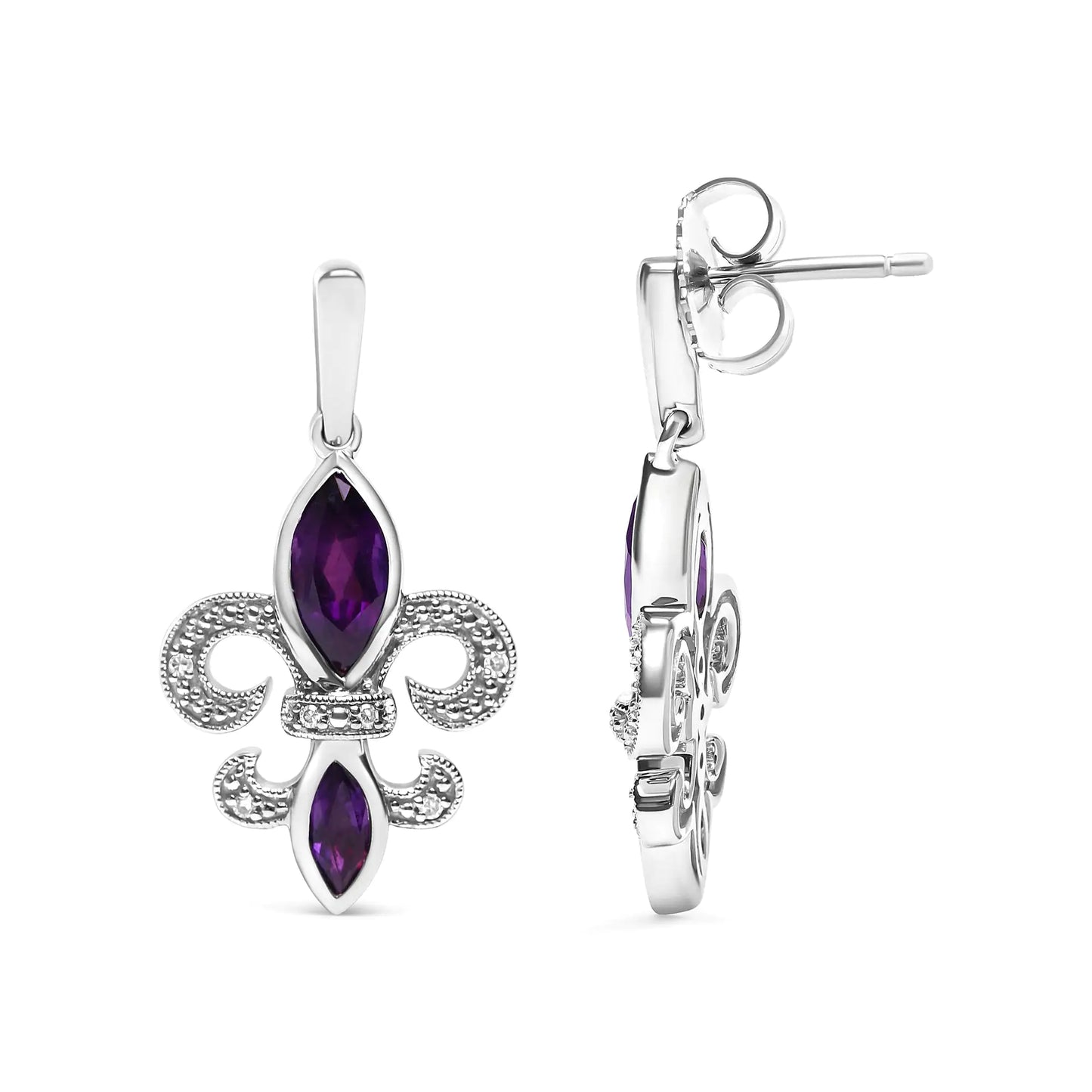 .925 Amethyst & Diamond Fleur De Lis Earrings