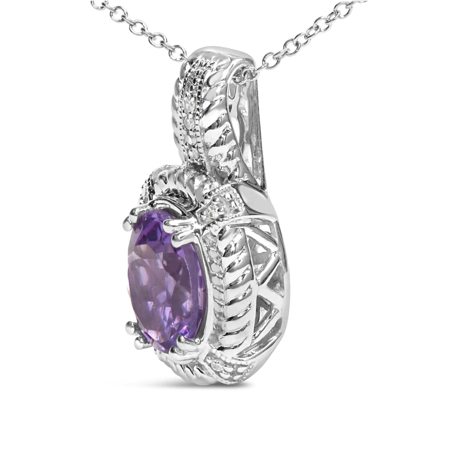 Sterling Silver Amethyst Diamond Drop Necklace