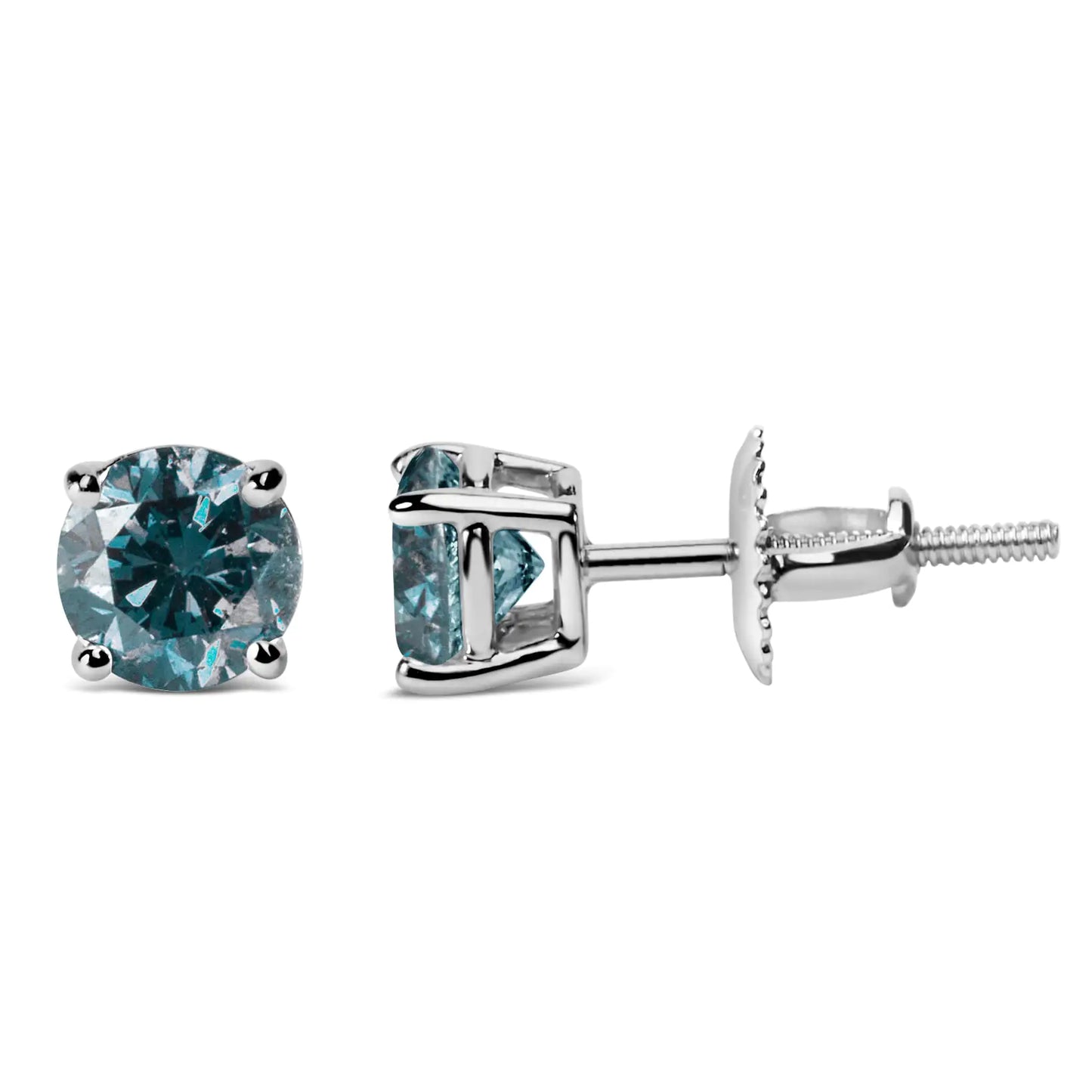 14K White Gold Blue Diamond Solitaire Studs with Screwbacks