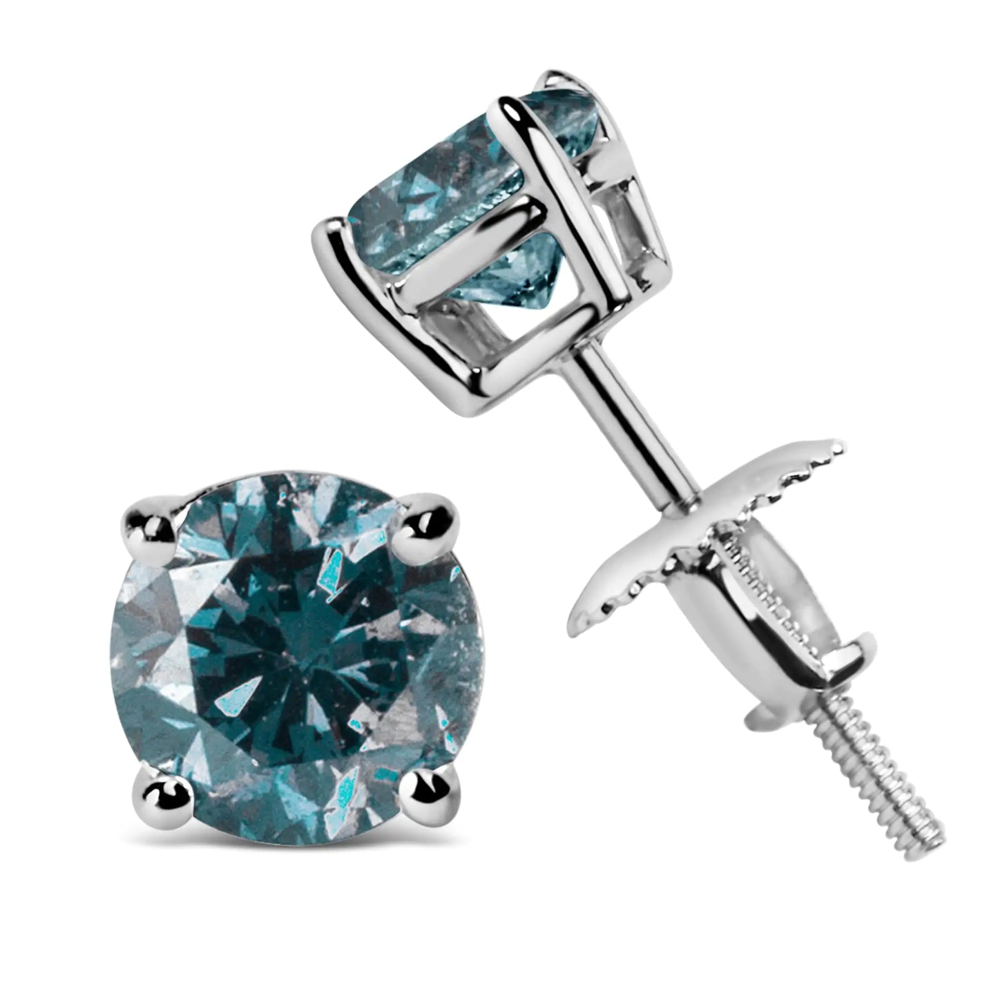 14K White Gold Blue Diamond Solitaire Studs with Screwbacks