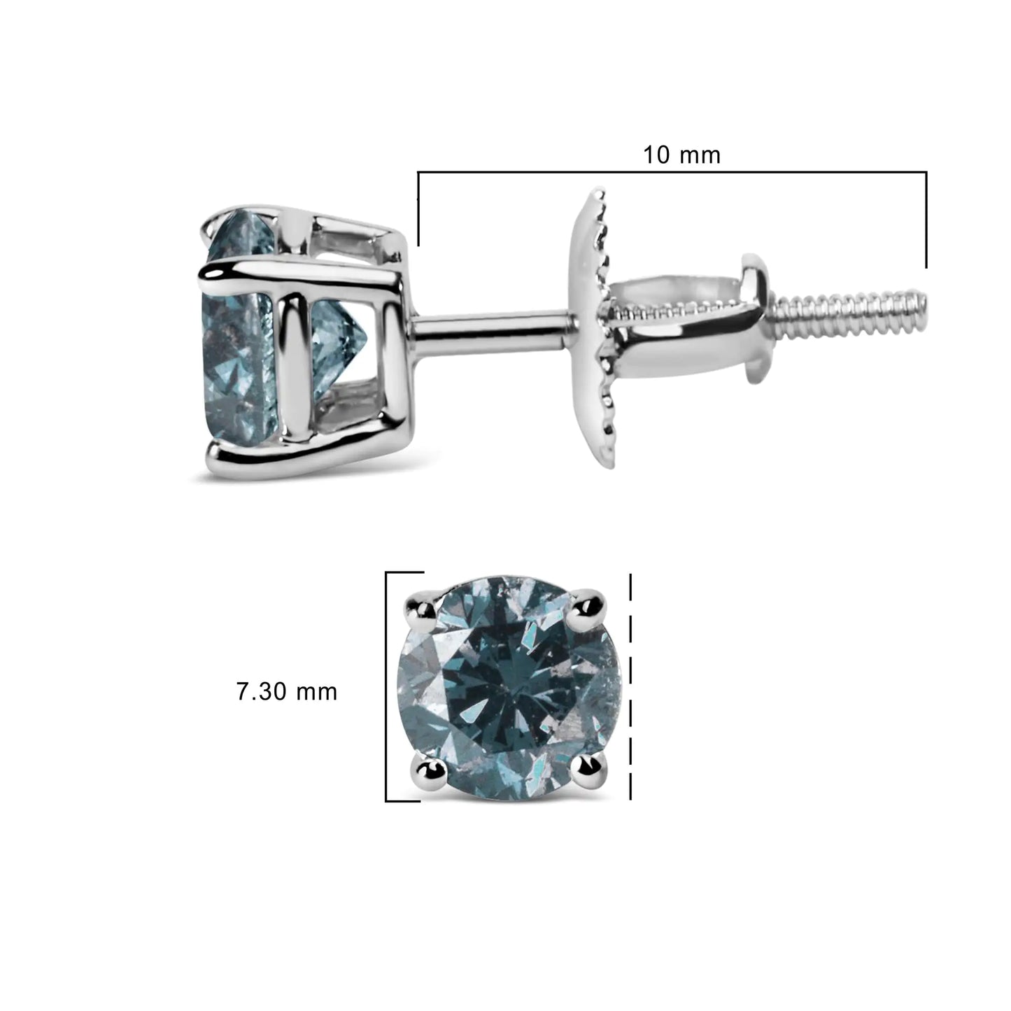 14K White Gold Blue Diamond Solitaire Studs with Screwbacks