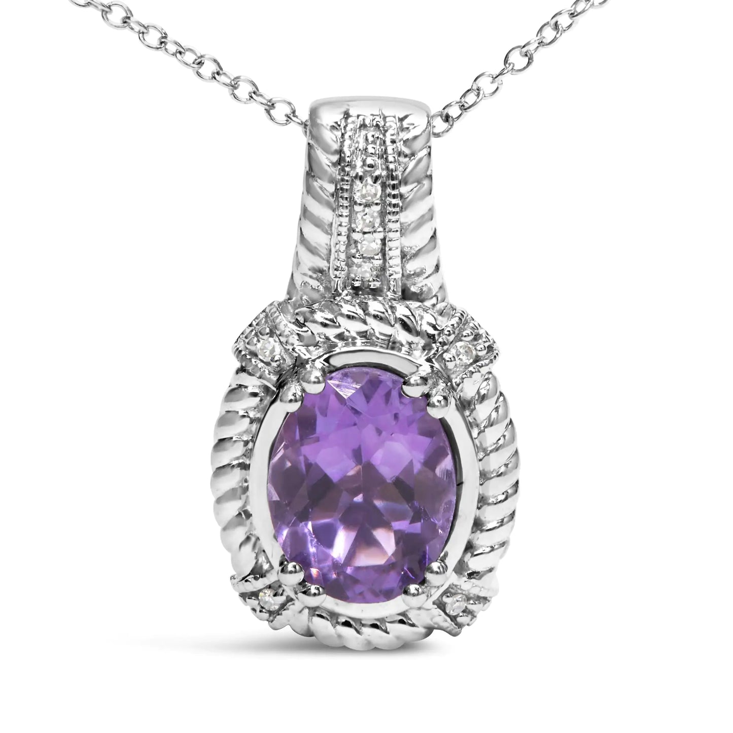 Sterling Silver Amethyst Diamond Drop Necklace