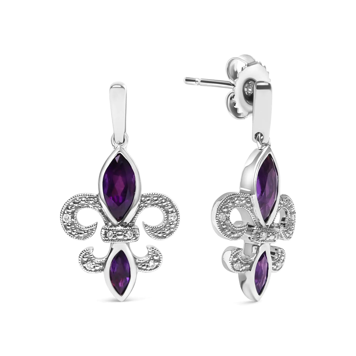 .925 Amethyst & Diamond Fleur De Lis Earrings